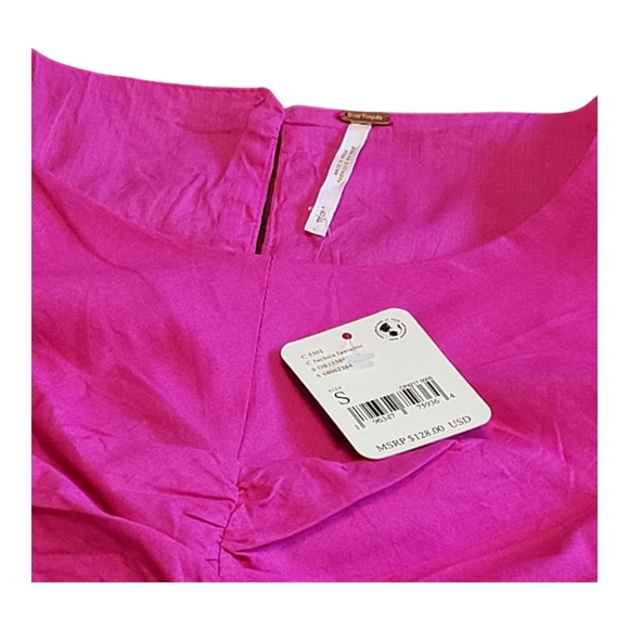 NWT Free People Hope Mini Dress Fuchsia Puff Sleeve Ruched Cotton S - Picture 6 of 17